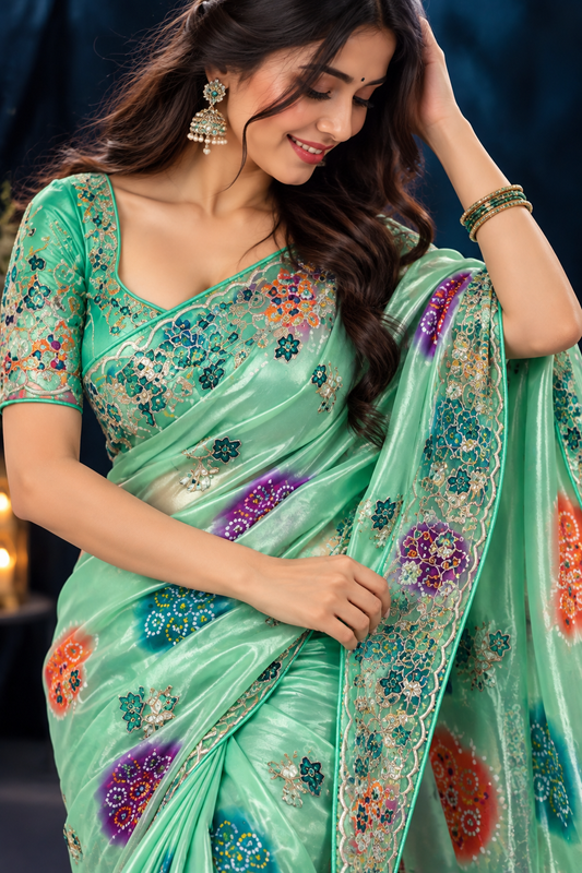Soft Shine Space Silk Saree with Bandhej Print, C-Pallu Gotafoil Work & Butti