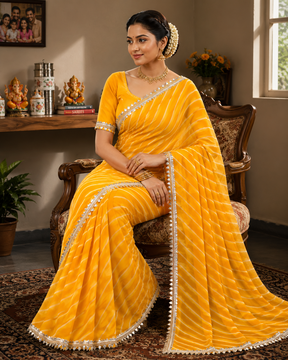 Georgette Leheriya Saree with Mirror Lace Border & Unstitched Blouse | Designer Party Wear Saree
