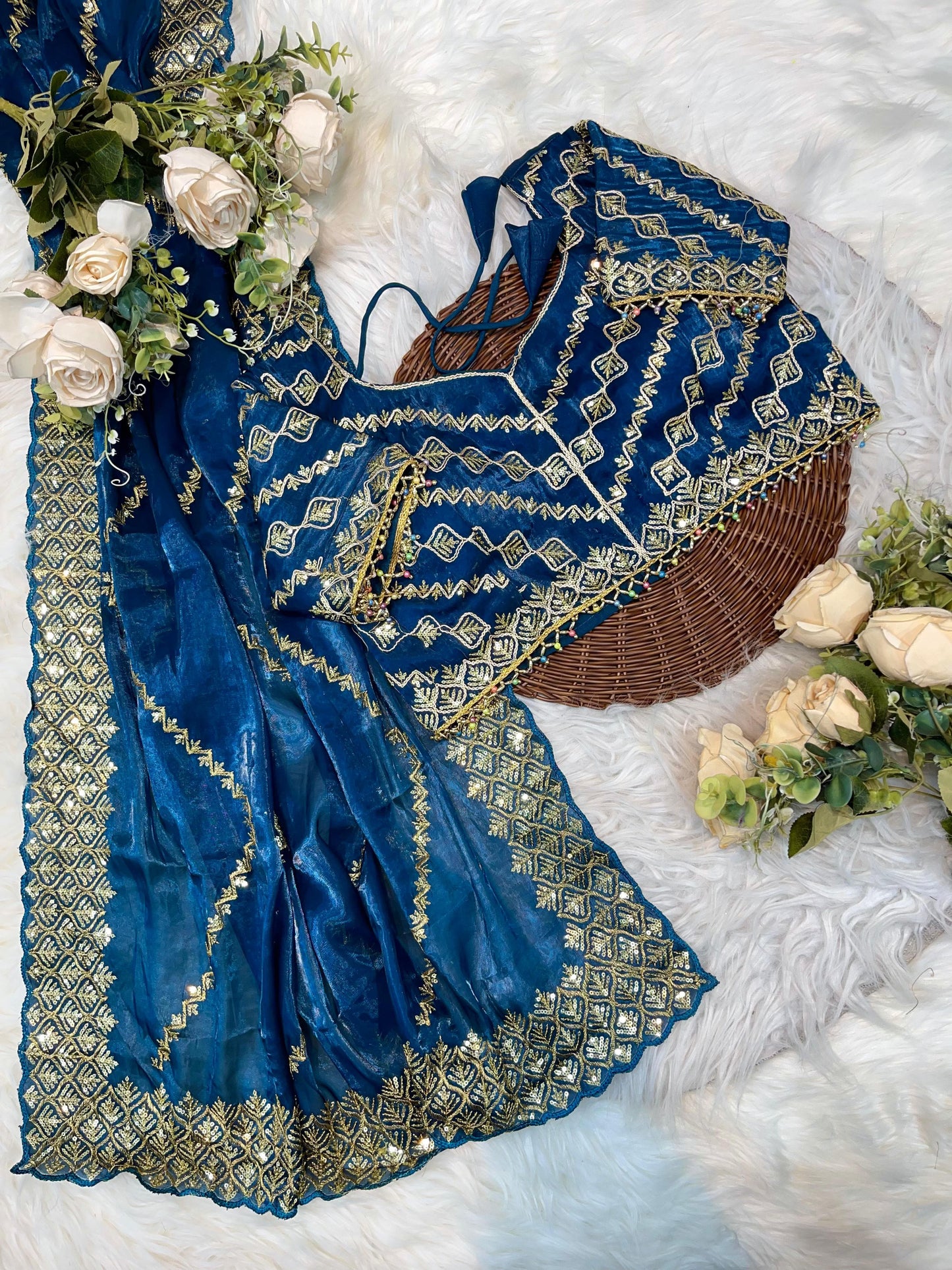 Shanaya Zimmy Choo Silk Saree With Heavy Embroidery Sequence Work & Blouse (Up to 42”)
