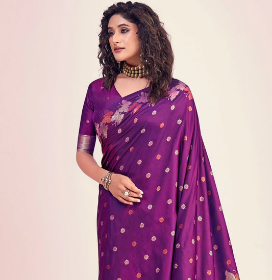 Wine Purple Butterfly Printed Silk Look Saree