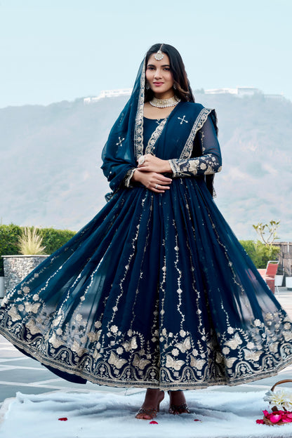 Festival Wear Fox Georgette Embroidered Long Gown with Dupatta