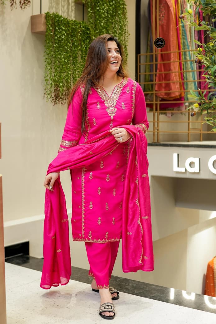 Festival Special Chanderi Embroidered Kurti Set with Dupatta