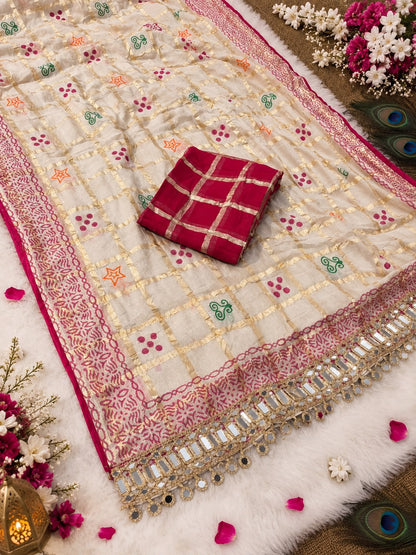 Premium Soft Viscose Checks Weaving Saree with Heavy Mirror Work Border & Unstitched Blouse