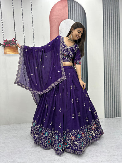 Festival Wear Heavy Embroidery Vichitra Silk Lehenga Choli Set | Red & Purple