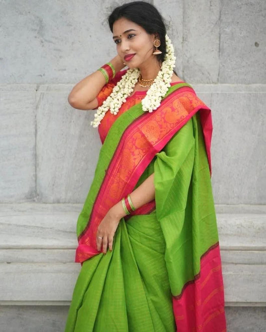 Green Cotton Saree with Pink Traditional Border
