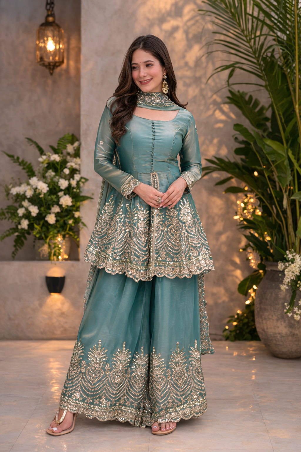 Heavy Two Tone Fendy Silk Sharara Suit With Embroidery Sequins & Mirror Work Dupatta
