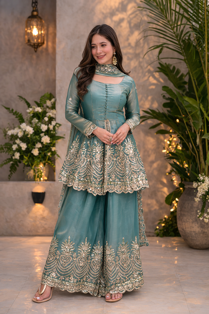 Heavy Two Tone Fendy Silk Sharara Suit With Embroidery Sequins & Mirror Work Dupatta