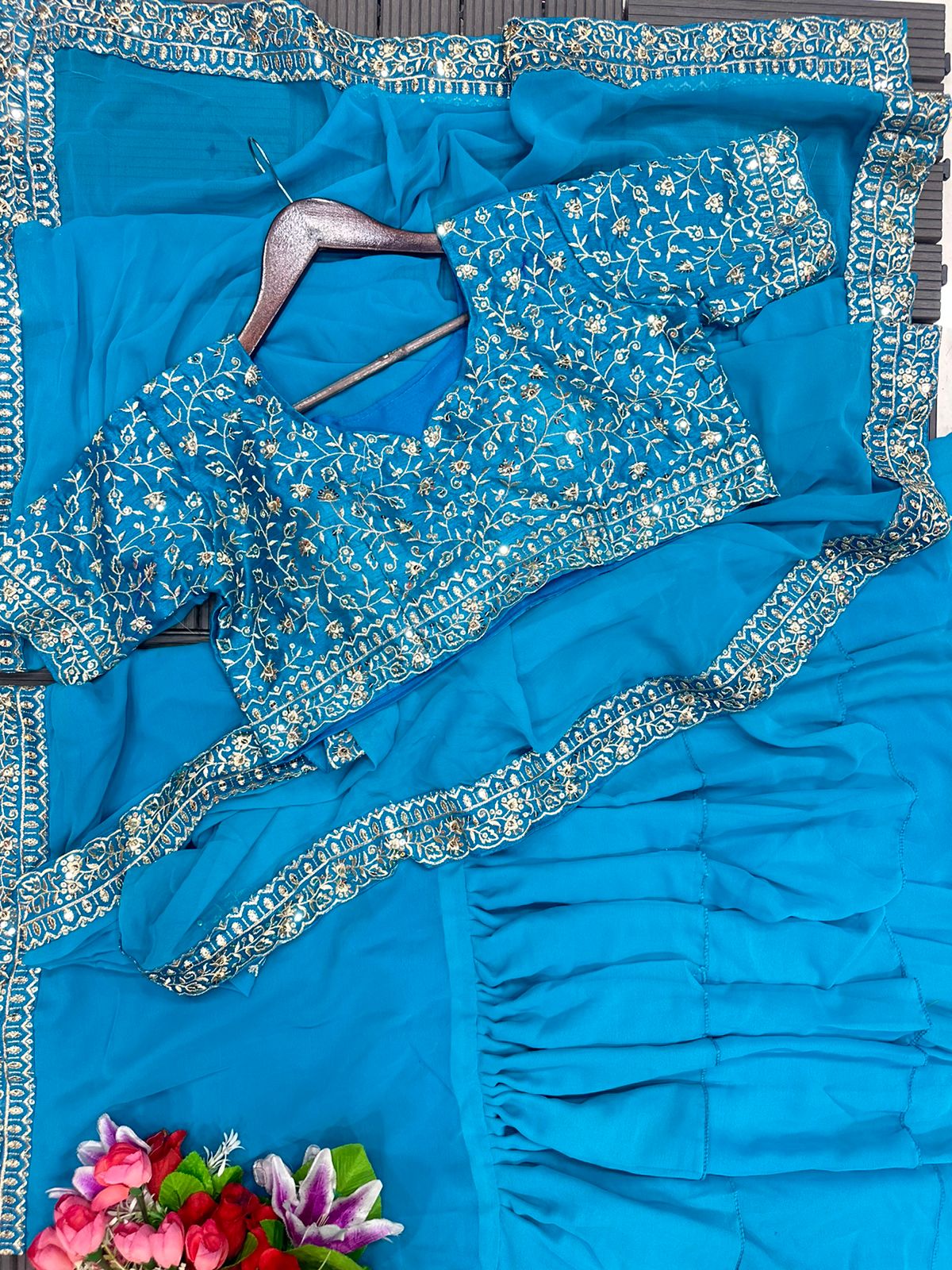 Designer Ruffle Lehenga Saree with Stitched Embroidered Blouse