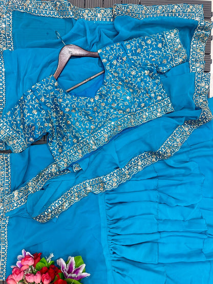 Designer Ruffle Lehenga Saree with Stitched Embroidered Blouse
