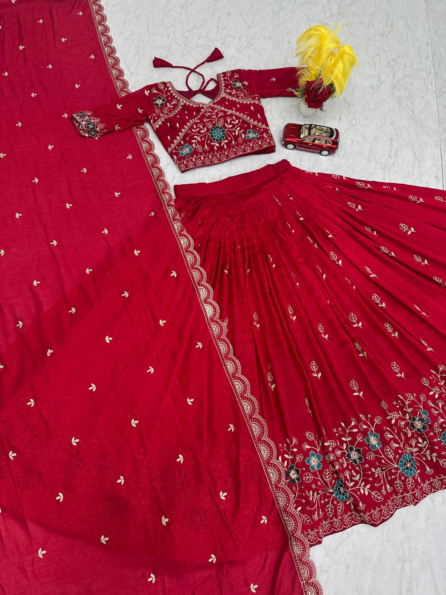 Festival Wear Heavy Embroidery Vichitra Silk Lehenga Choli Set | Red & Purple