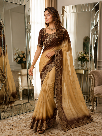 Shipra Embroidered Moss Saree with Sequins Border & Designer Stitched Blouse