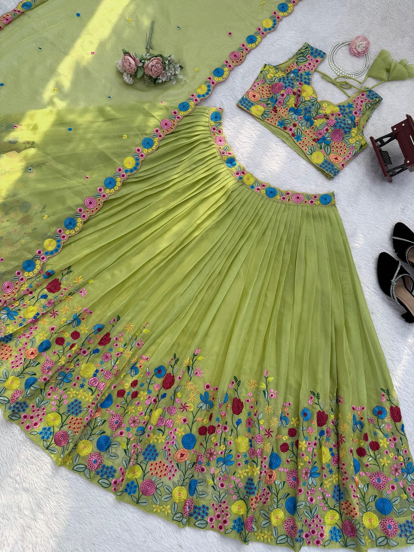 Parrot Green Floral Embroidered Organza Silk Lehenga Choli with Dupatta