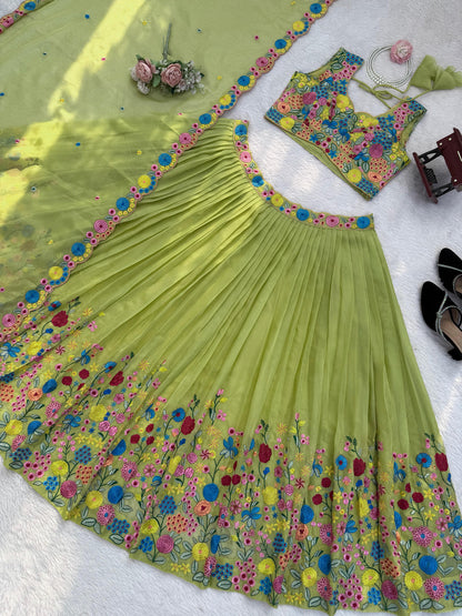 Parrot Green Floral Embroidered Organza Silk Lehenga Choli with Dupatta