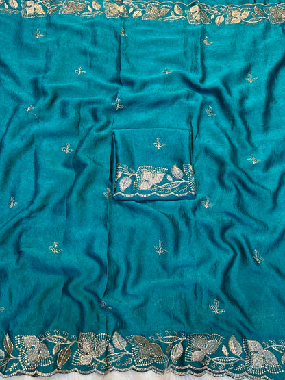 Soft Rangoli Crush Silk Saree with Heavy Sequence & Bits Embroidery | Party Wear Designer Saree