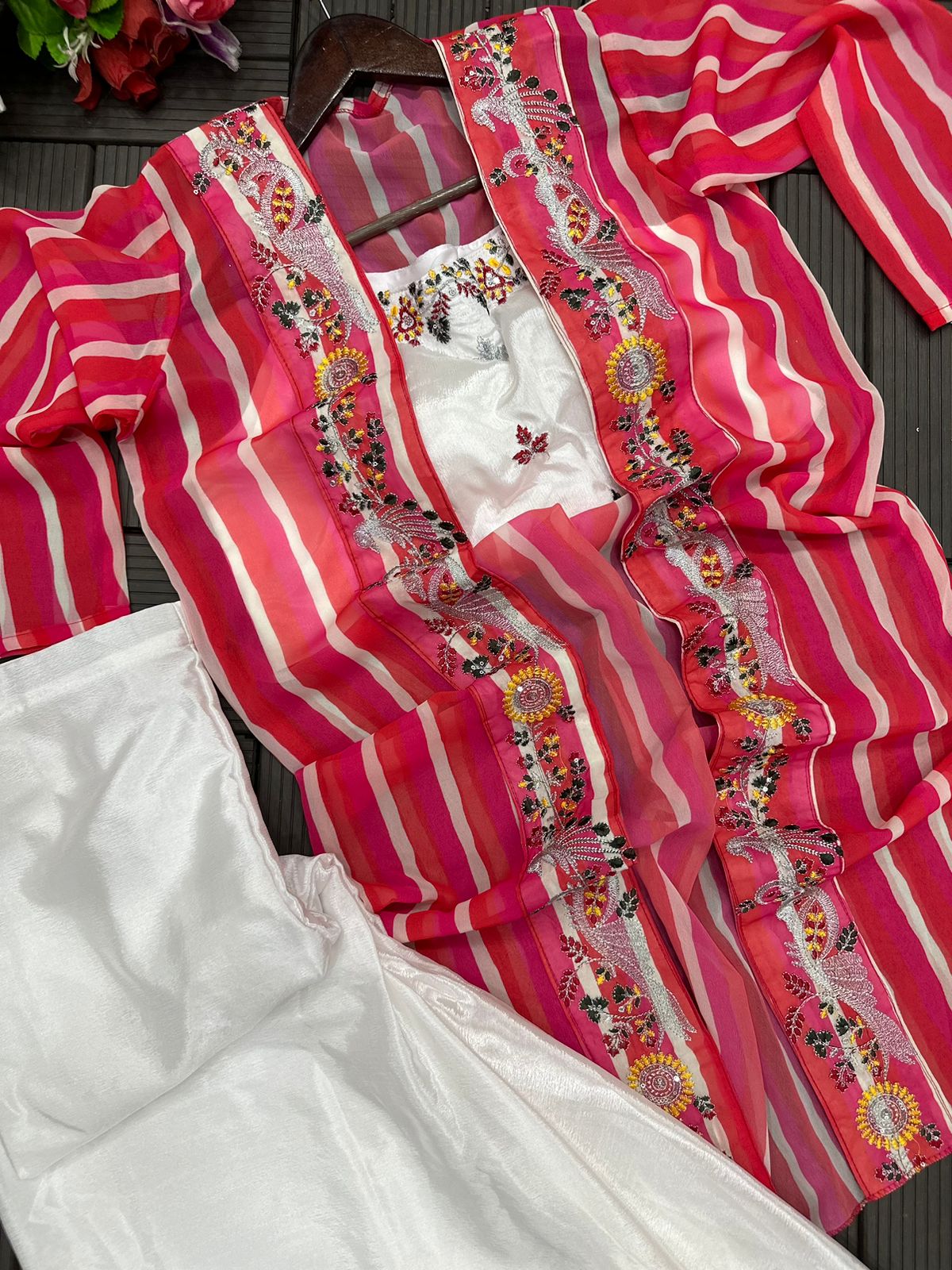Women Chinon Plazzo Set with Embroidered Blouse & Digital Print Georgette Shrug