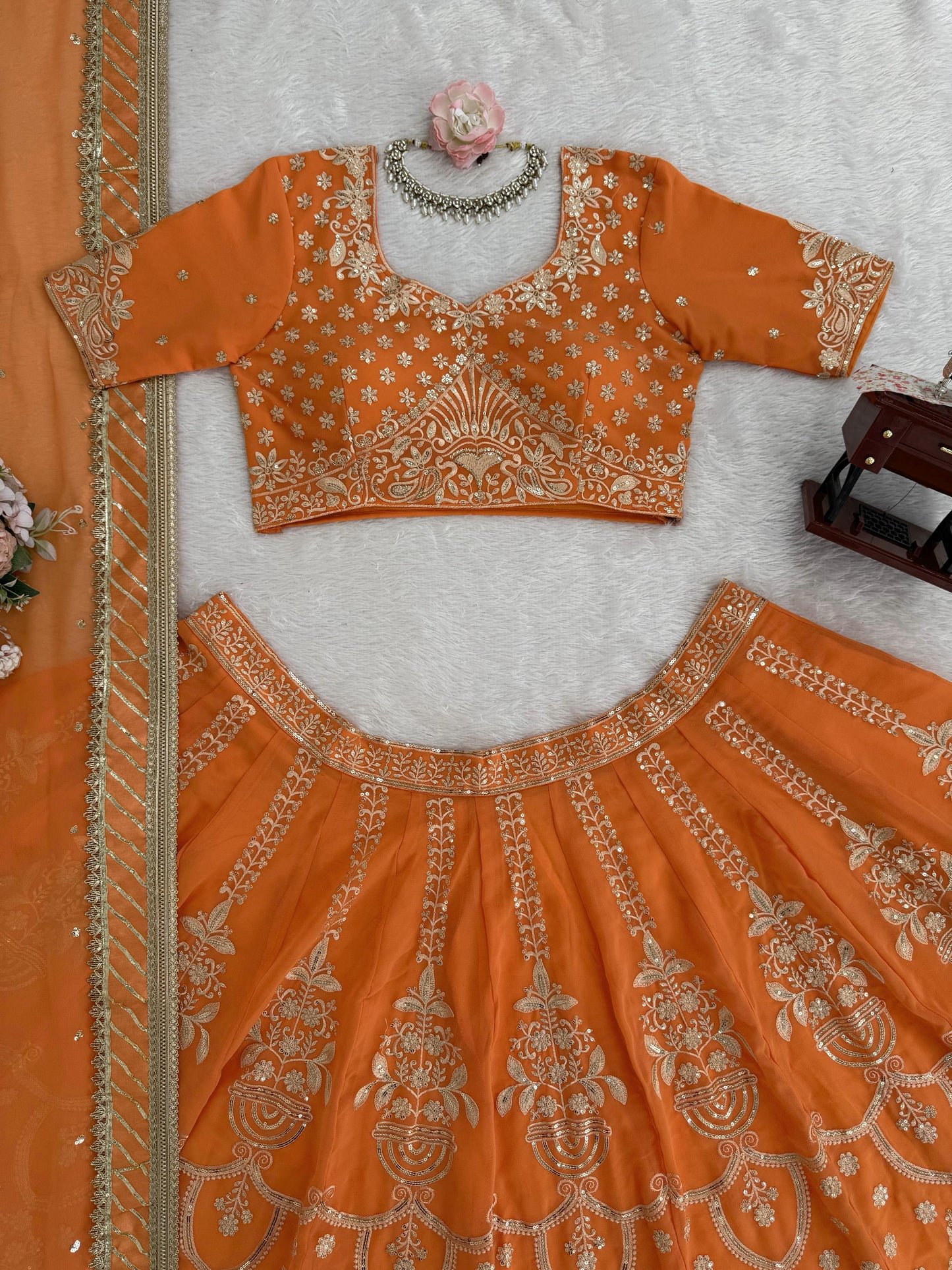 Embroidered Faux Georgette Lehenga Set
