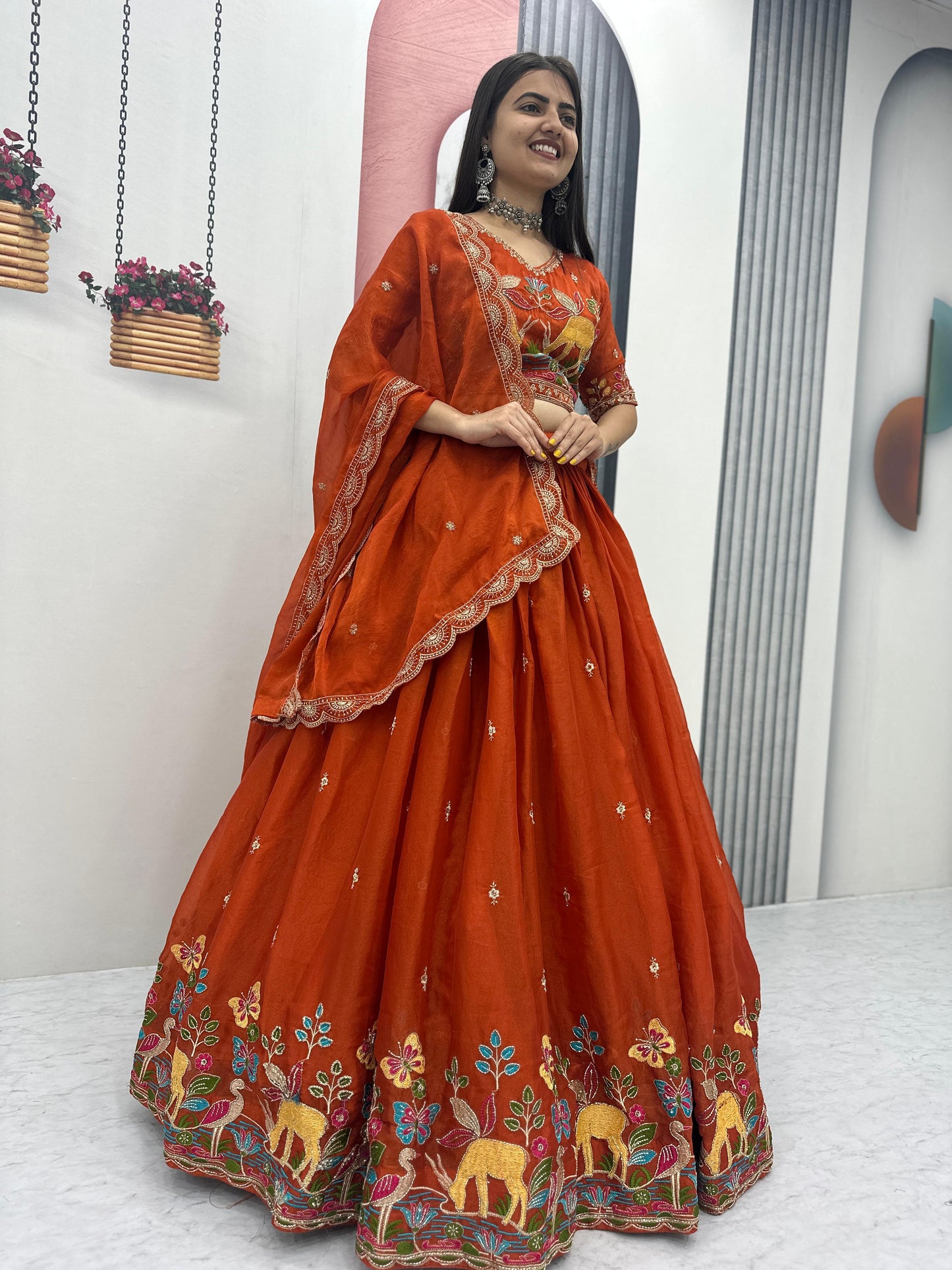 Festival Special Heavy Embroidered Moss Simar Lehenga Choli with Dupatta | Orange & Olive Green