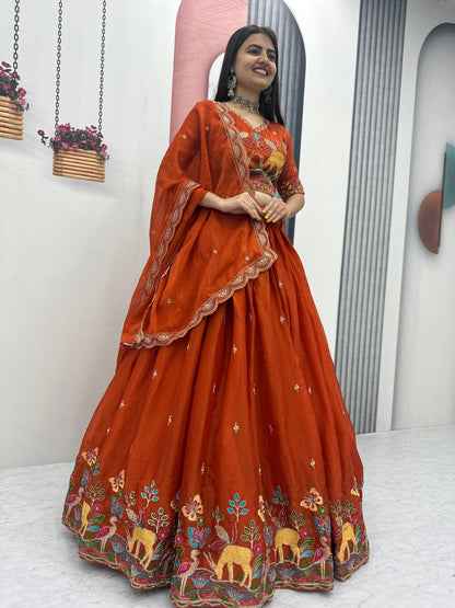 Festival Special Heavy Embroidered Moss Simar Lehenga Choli with Dupatta | Orange & Olive Green