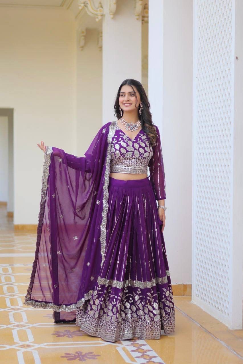 Purple Embroidered Wedding Lehenga Choli Set