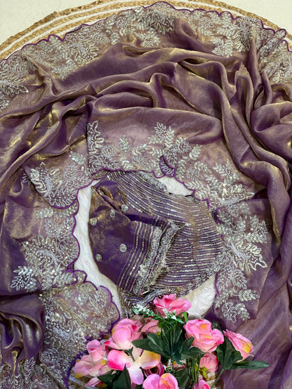 Soft Space Silk Satin Saree With Heavy Embroidery Sequence & Zari Work