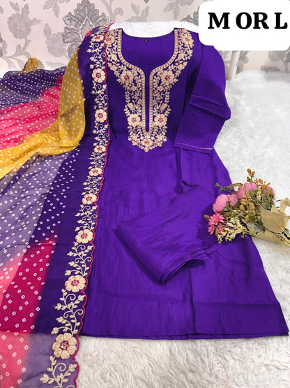 Designer Roman Silk Kurti Pant Set with Gota Patti Embroidery & Lehariya Dupatta