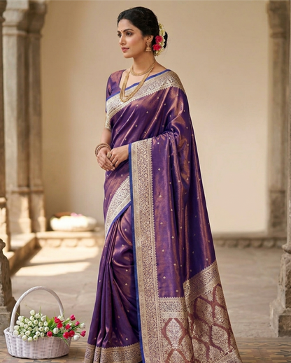 Royal Banarasi Glass Satin Silk Saree with Elegant Zari Woven Border