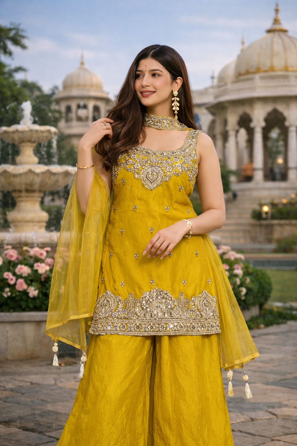 Heavy Two Tone Fendy Silk Sharara Suit With Embroidery Sequins Work & Dupatta