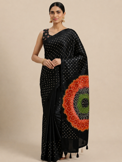 Premium Japan Satin Mirror Work Saree with Tassel Pallu