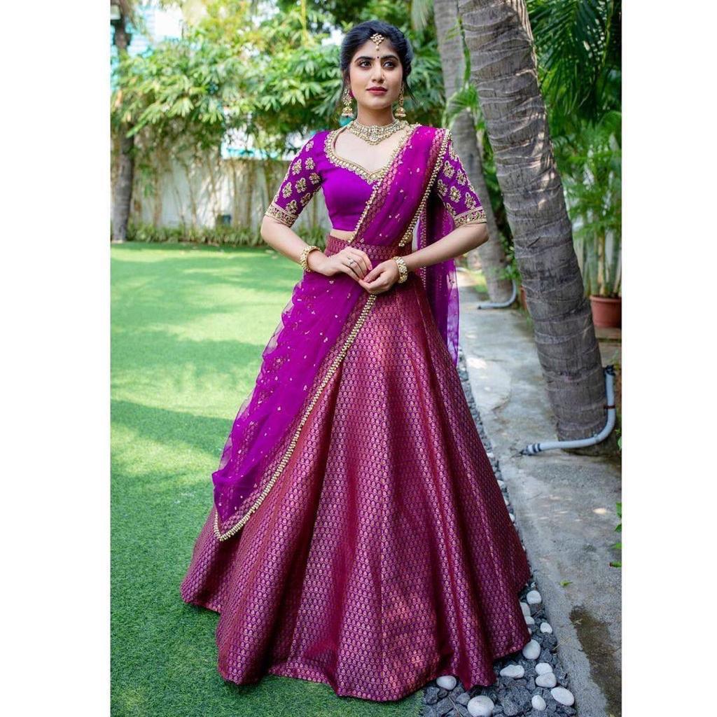 Kanjivaram Jacquard Unstitched Lehenga Choli with Organza Dupatta (5 Colors)