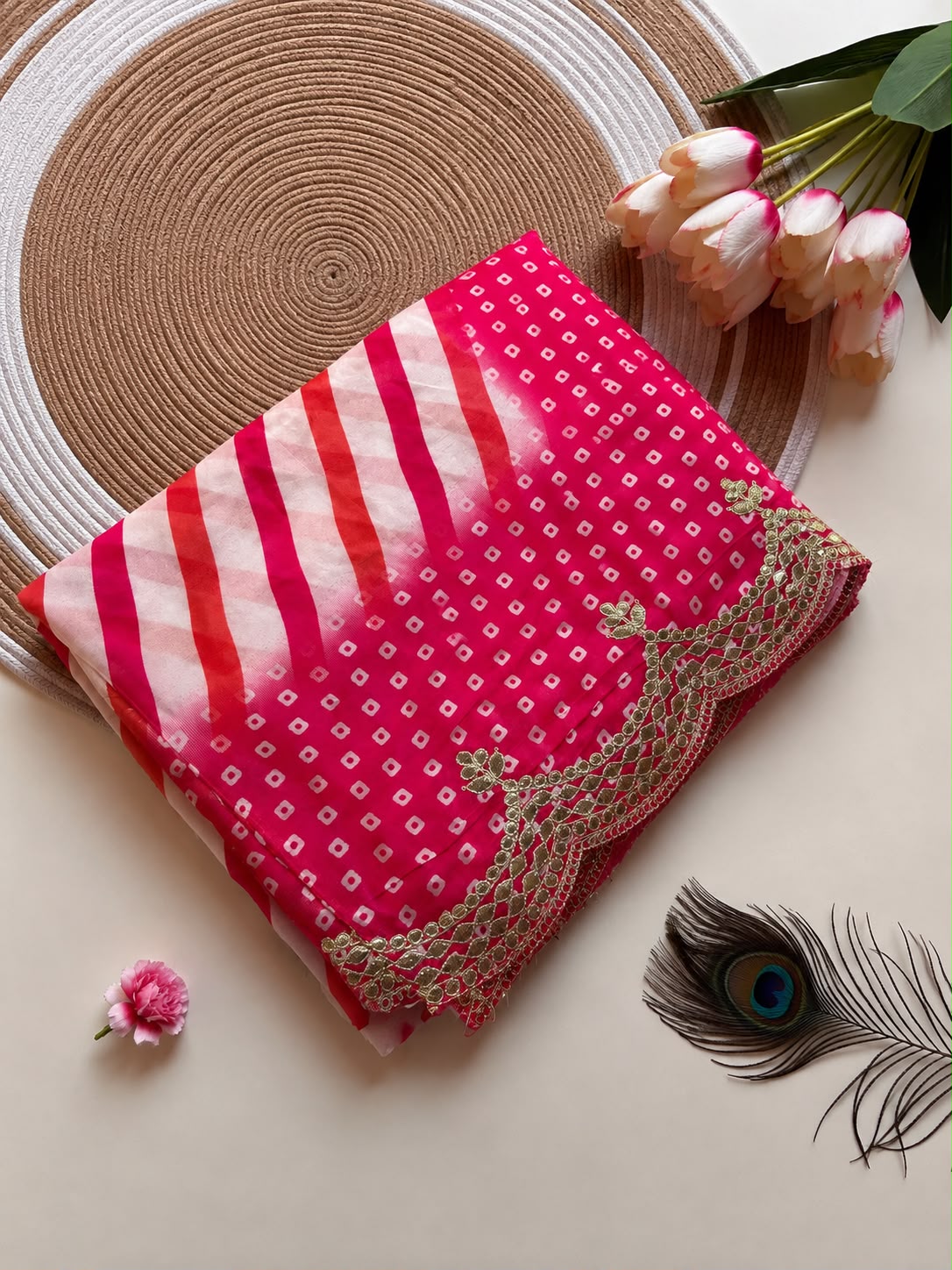 Chinon Digital Leheriya Saree with Heavy Gota Foil Work & Rich Pallu