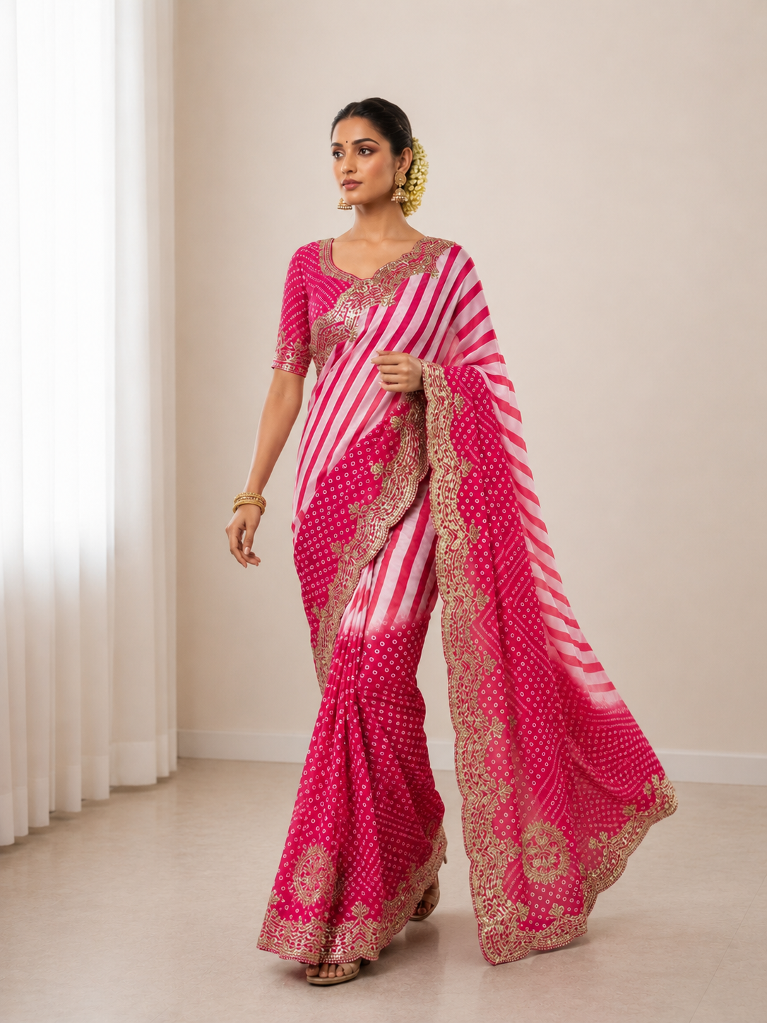 Chinon Digital Leheriya Saree with Heavy Gota Foil Work & Rich Pallu