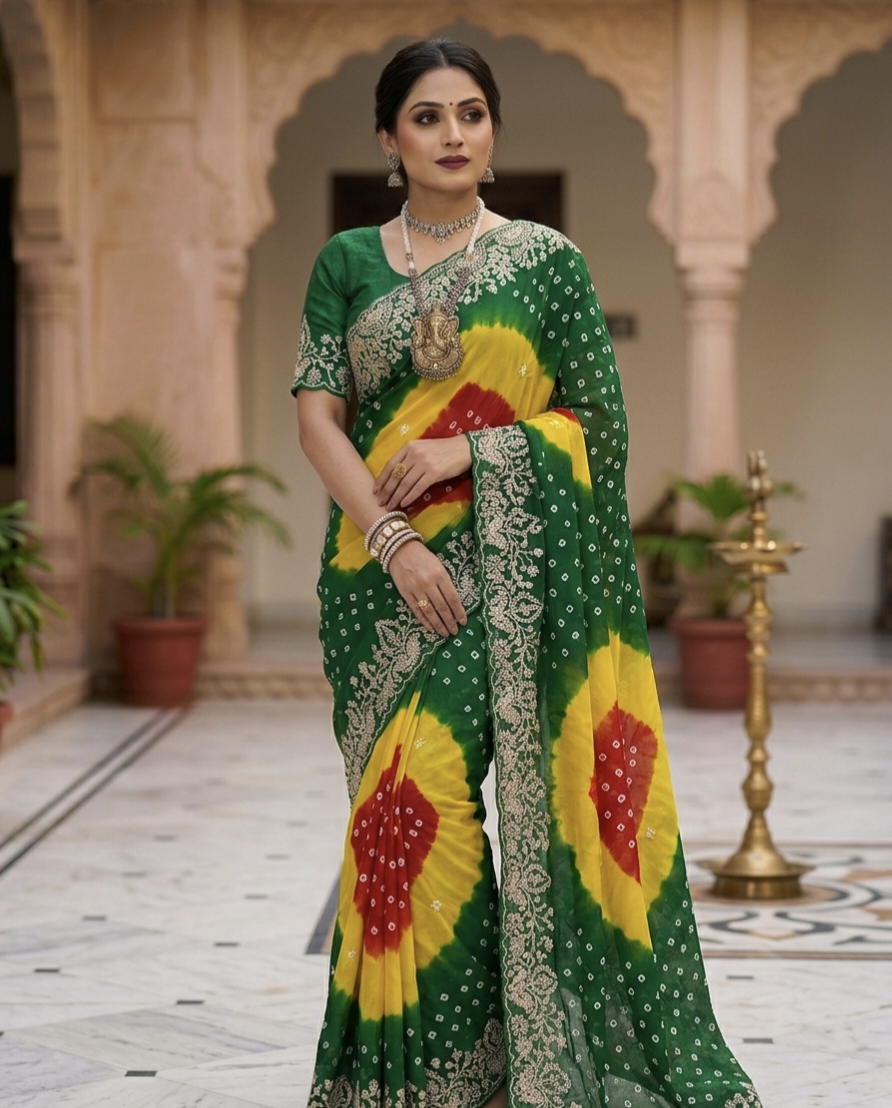 Designer Bandhani Tie-Dye Saree with Heavy Embroidered Border – Festive Wear Collection