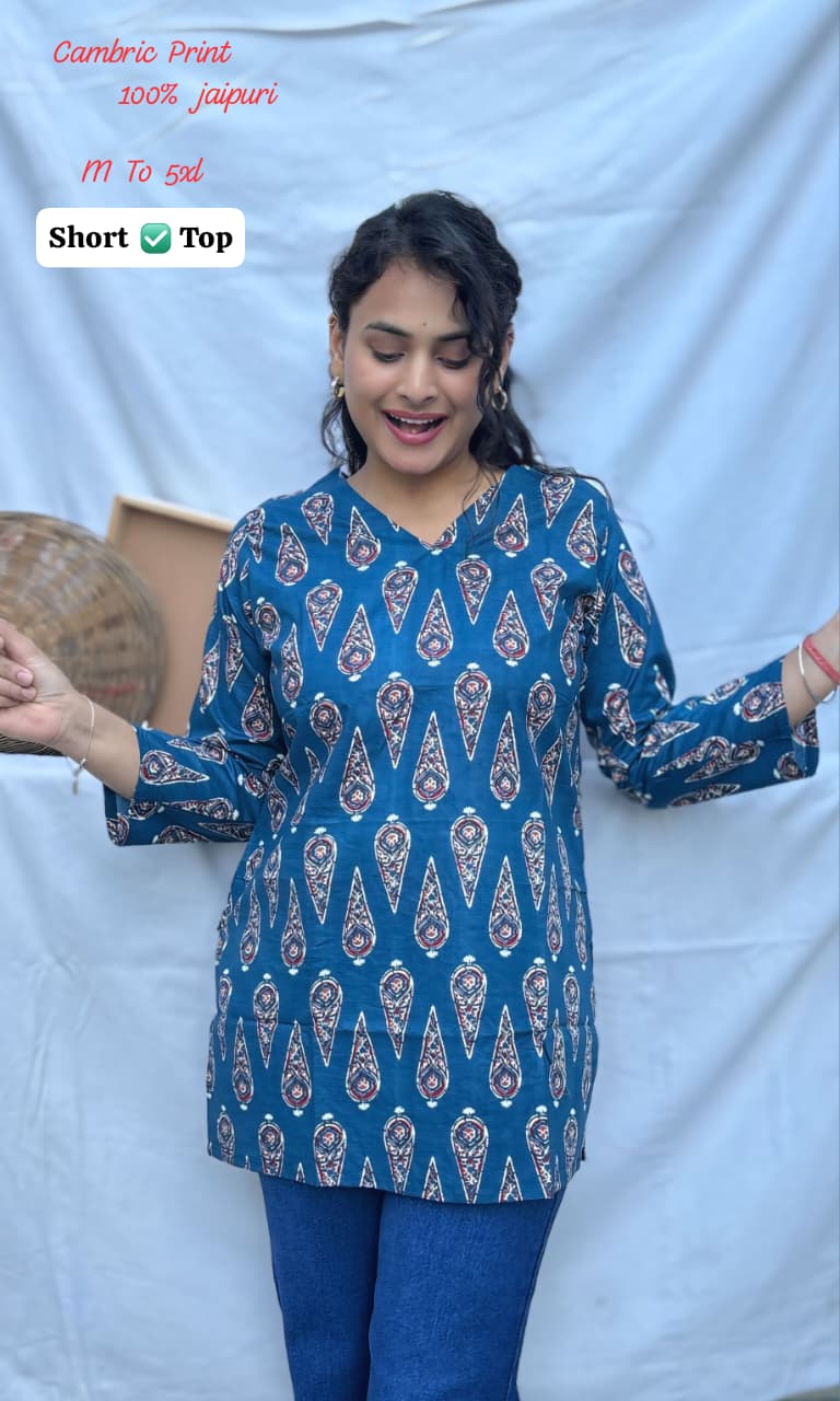 Jaipuri Cambric Cotton Printed Short Top for Women | Casual Tunic | V-Neck Daily Wear (M-5XL)
