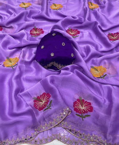 Soft Rangoli Silk Saree with Floral Embroidery & Mirror Work Border