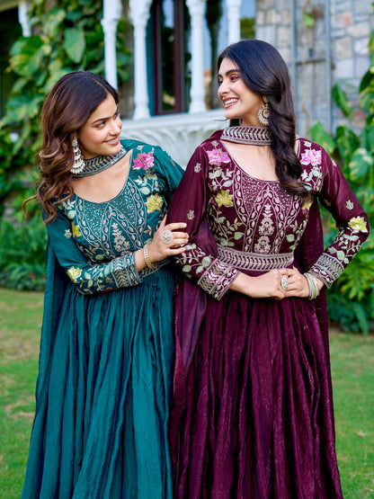 Elegant Festival Wear Fendy Silk Long Gown with Embroidered Dupatta