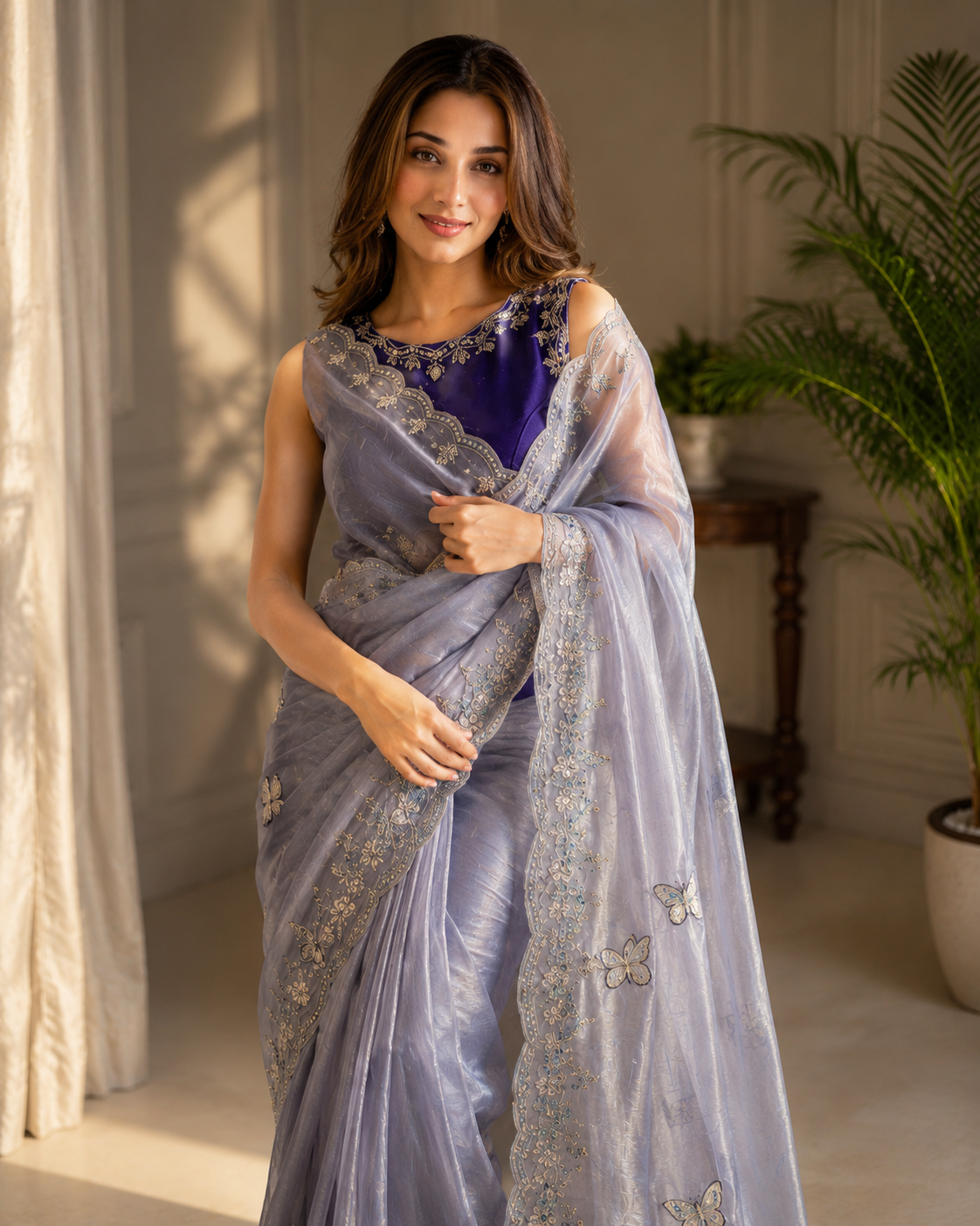 Sabyasachi Inspired Space Silk Saree with Butterfly Embroidery & Stitched Blouse