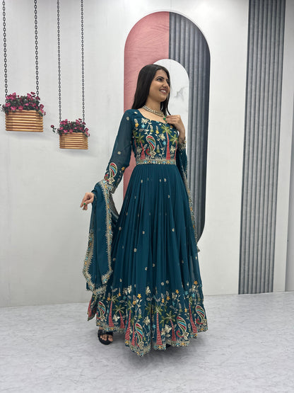 Embroidered Georgette Festive Gown with Dupatta