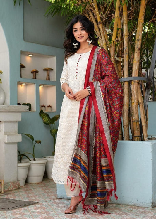 Pure Chikankari Cotton Anarkali Kurti Pant Dupatta Set – Summer Collection