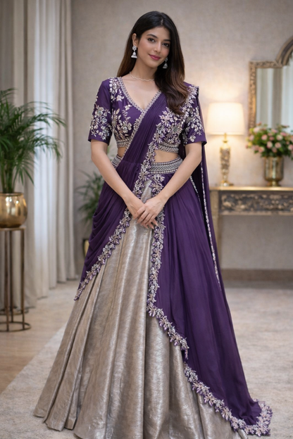 Designer Chinon Embroidery Lehenga Saree with Stitched Blouse & Dupatta