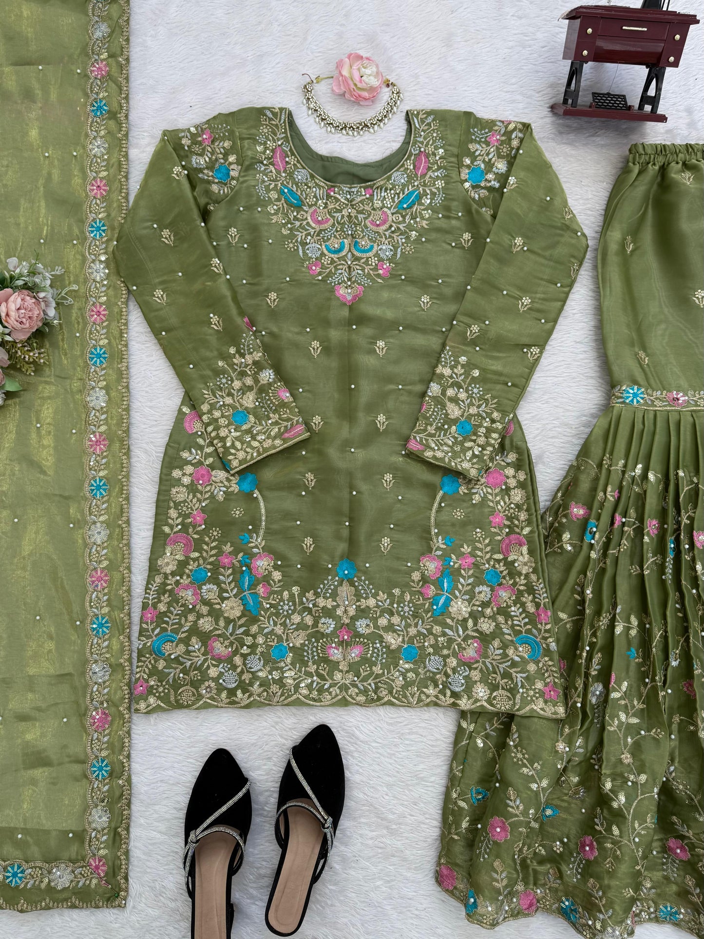 5000 Series Premium JMC Silk Anarkali Sharara Set with Heavy Embroidery & Dupatta