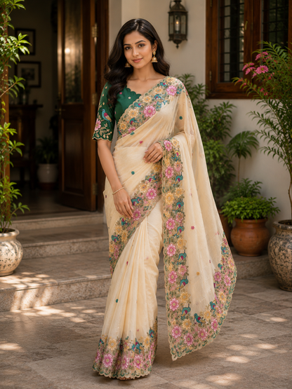 Rangoli Silk Saree with Heavy Floral Work Border & Contrast Designer Blouse