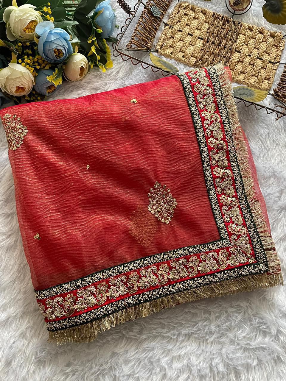 Heavy Soft Banarasi Crush Silk Saree With Embroidery Sequence & Coding Work Border