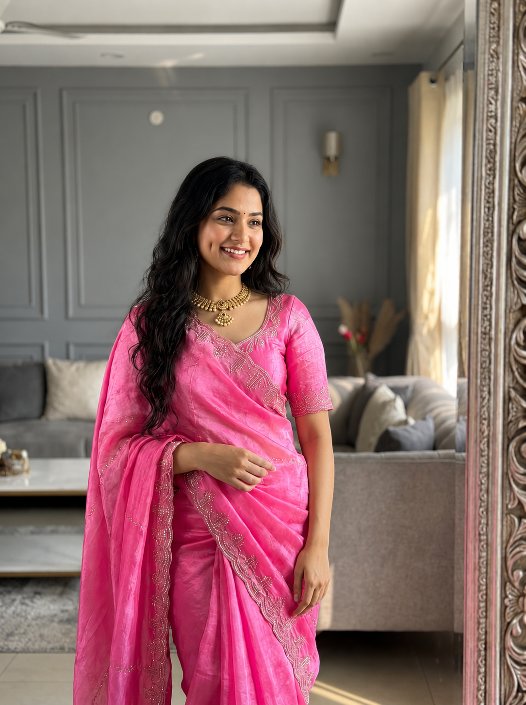 Rupali Pink Space Silk Saree with Hand Jharkhand Cutdana Border & Designer Blouse