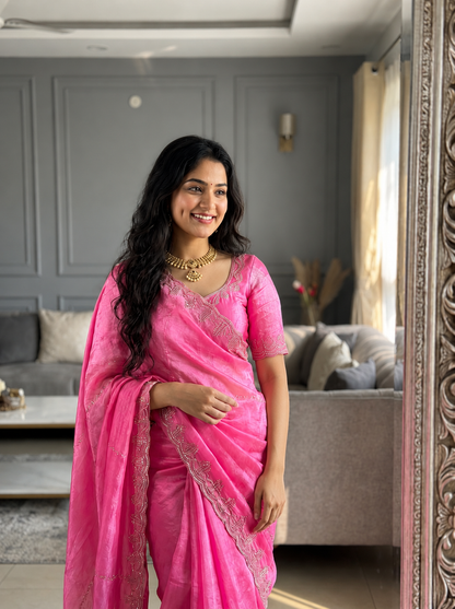 Rupali Pink Space Silk Saree with Hand Jharkhand Cutdana Border & Designer Blouse