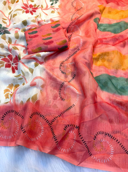 Elegant Linen Cotton Digital Print Saree with Tassel Pallu