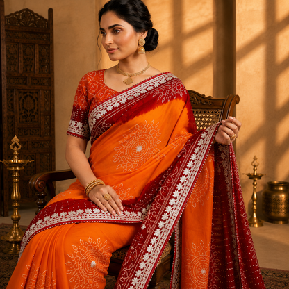 Premium Bandhani Peliya Saree with Heavy Multi Coding C-Pallu Work | Designer Party Wear Saree