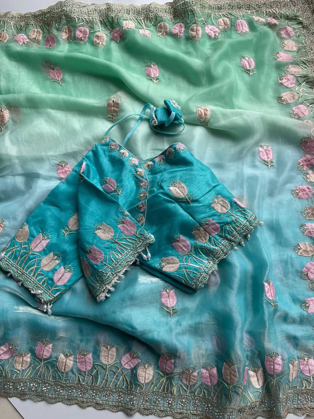 Lotus Soft Fendy Satin Saree With Embroidery Sequence & Thread Work Border