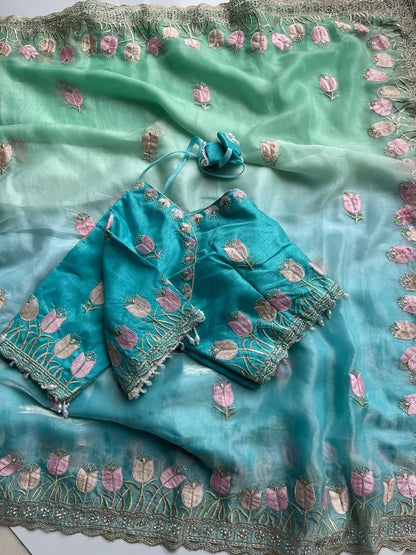 Lotus Soft Fendy Satin Saree With Embroidery Sequence & Thread Work Border
