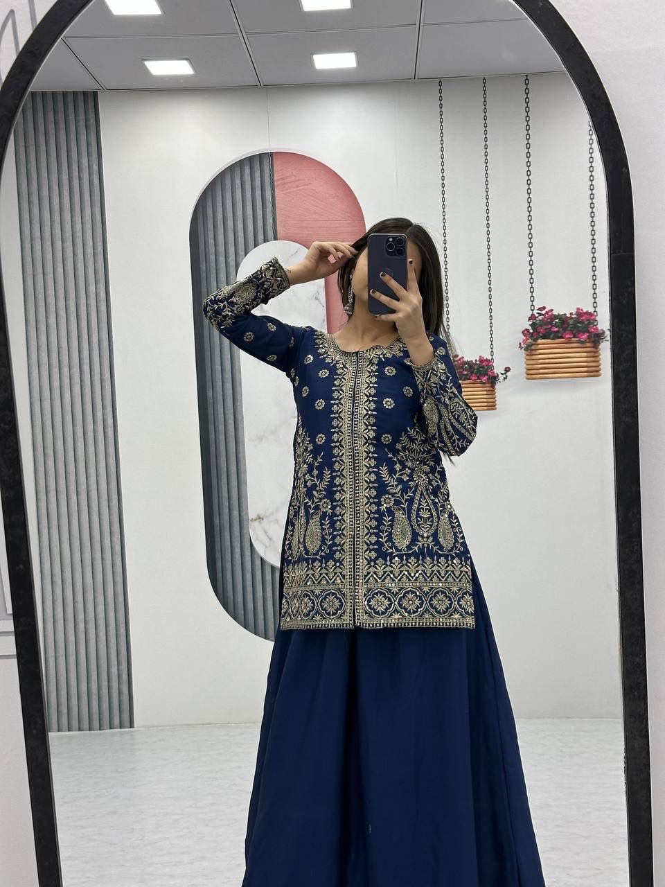 Designer Chinon Party Wear Top Plazzo Set