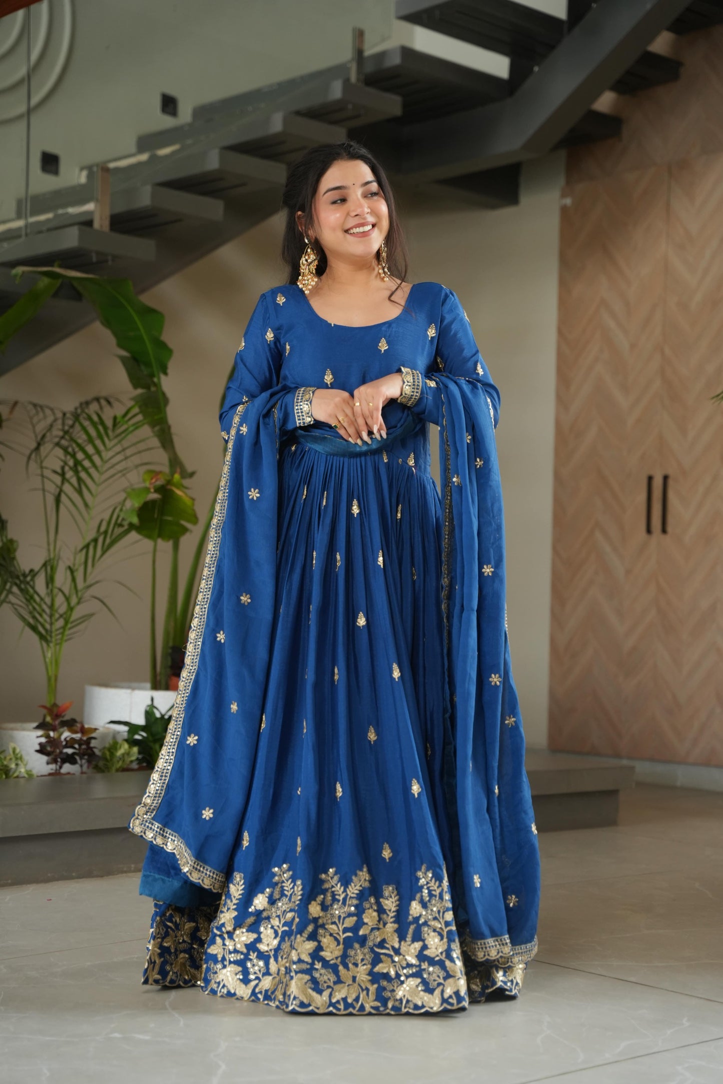 Premium Designer Embroidered Chinnon Gown with Dupatta – Royal Blue & Wine